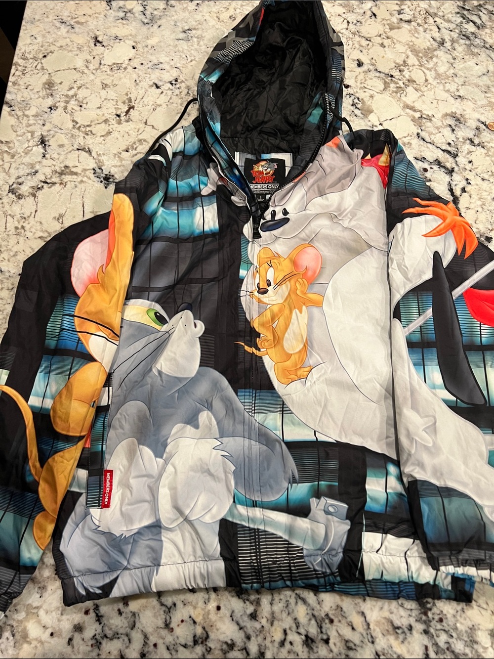 Members Only Mens Black Multicolor Tom & Jerry Puffer Jacket with Hood